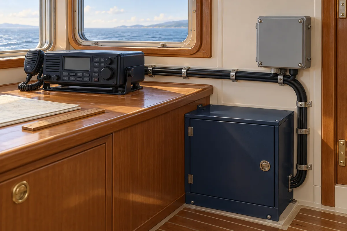Условные закрытые радиостанция и шкаф питания с наружным кабельным маршрутом без открытых соединений.